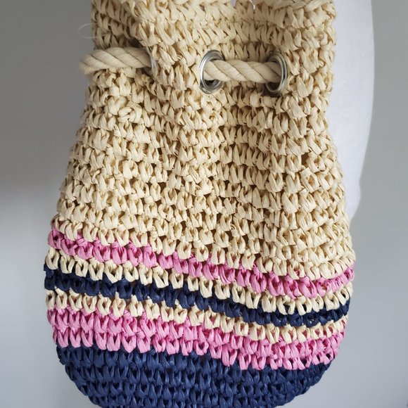 JOE FRESH Raffia Crossbody Bucket Bag Rope Pull Tie Beach Festival Travel Light - Picture 5 of 6